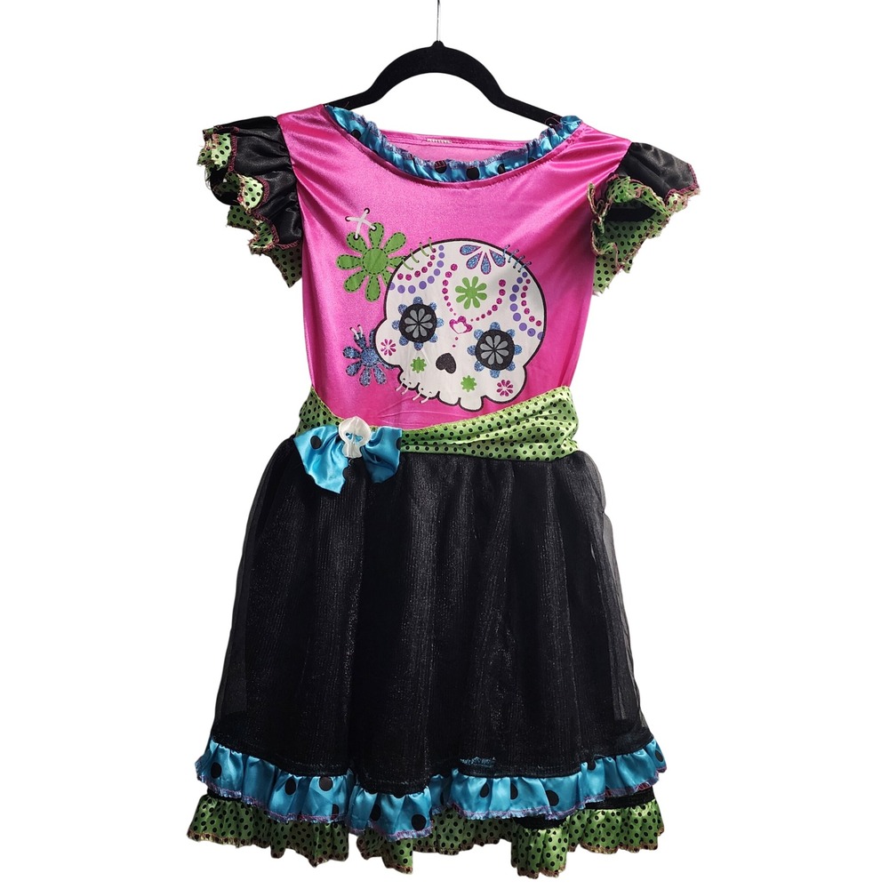 Kids Day of the Dead Sugar‎ Skull Dress Tutu Costume Pink Black